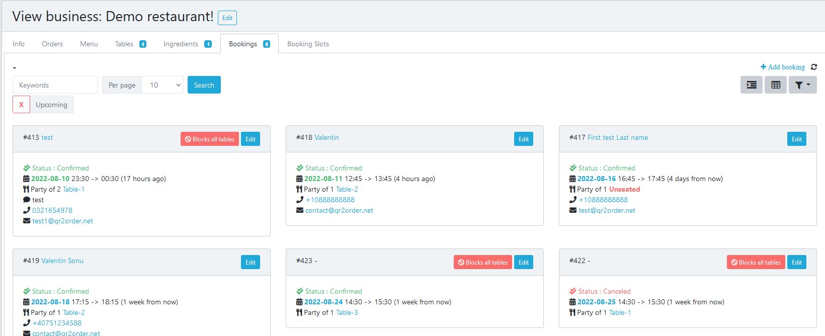 Bookings as grid listing