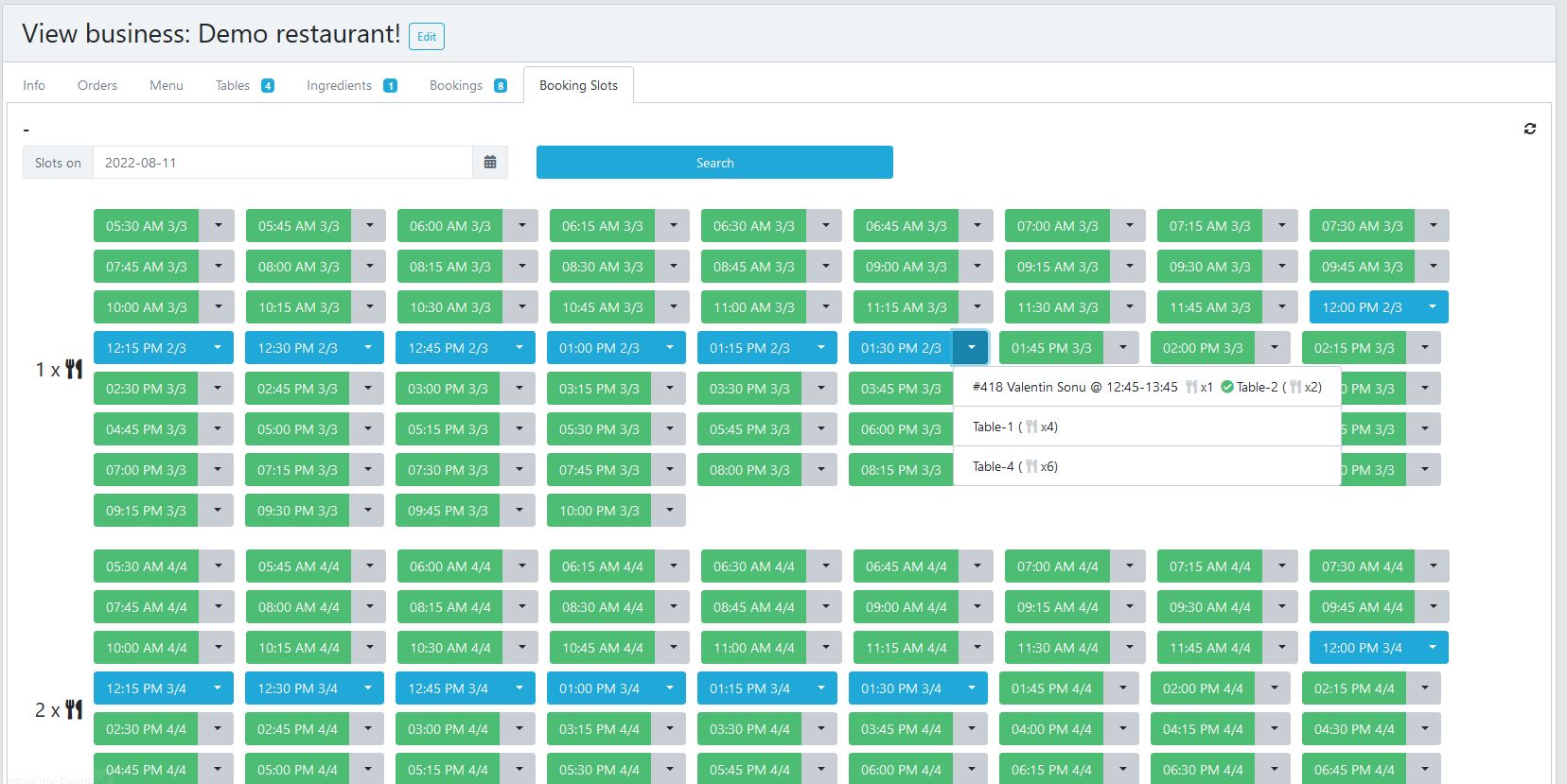 Booking slots display per day