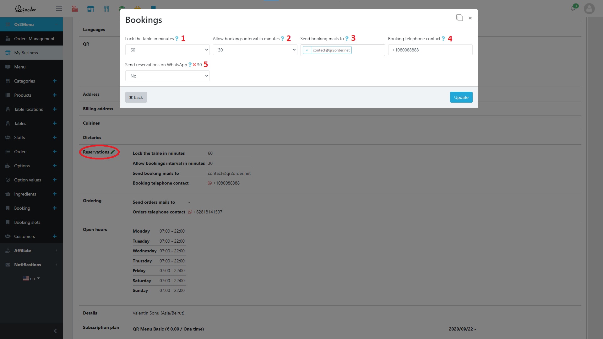 Reservations configuration interface