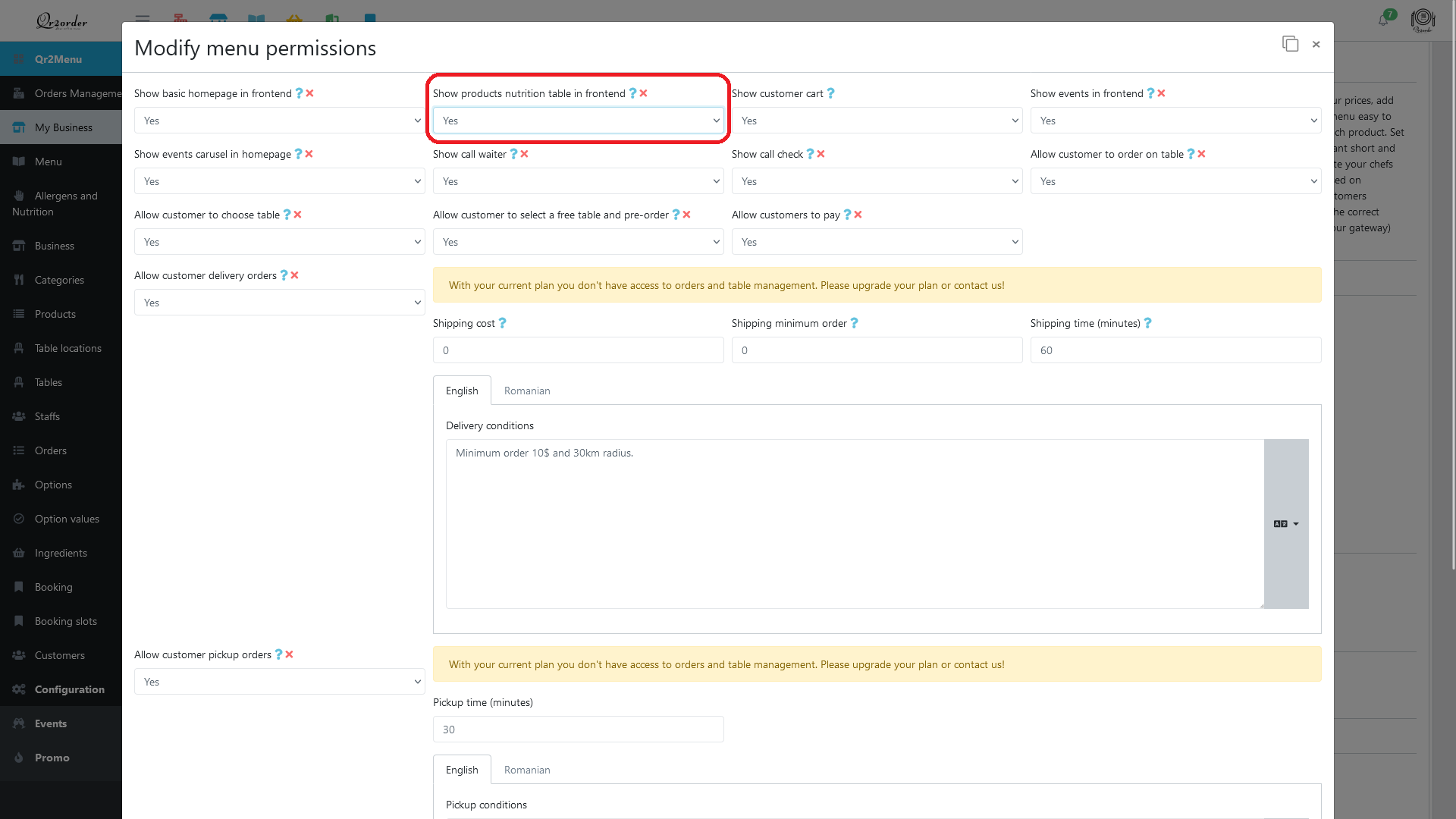 Enabling nutrition information on your online menu is just as simple. Once you have updated the information in the backend, simply enable the option to display the information in the frontend. Your customers will appreciate being able to make informed choices about their food, and you can promote a healthier dining experience