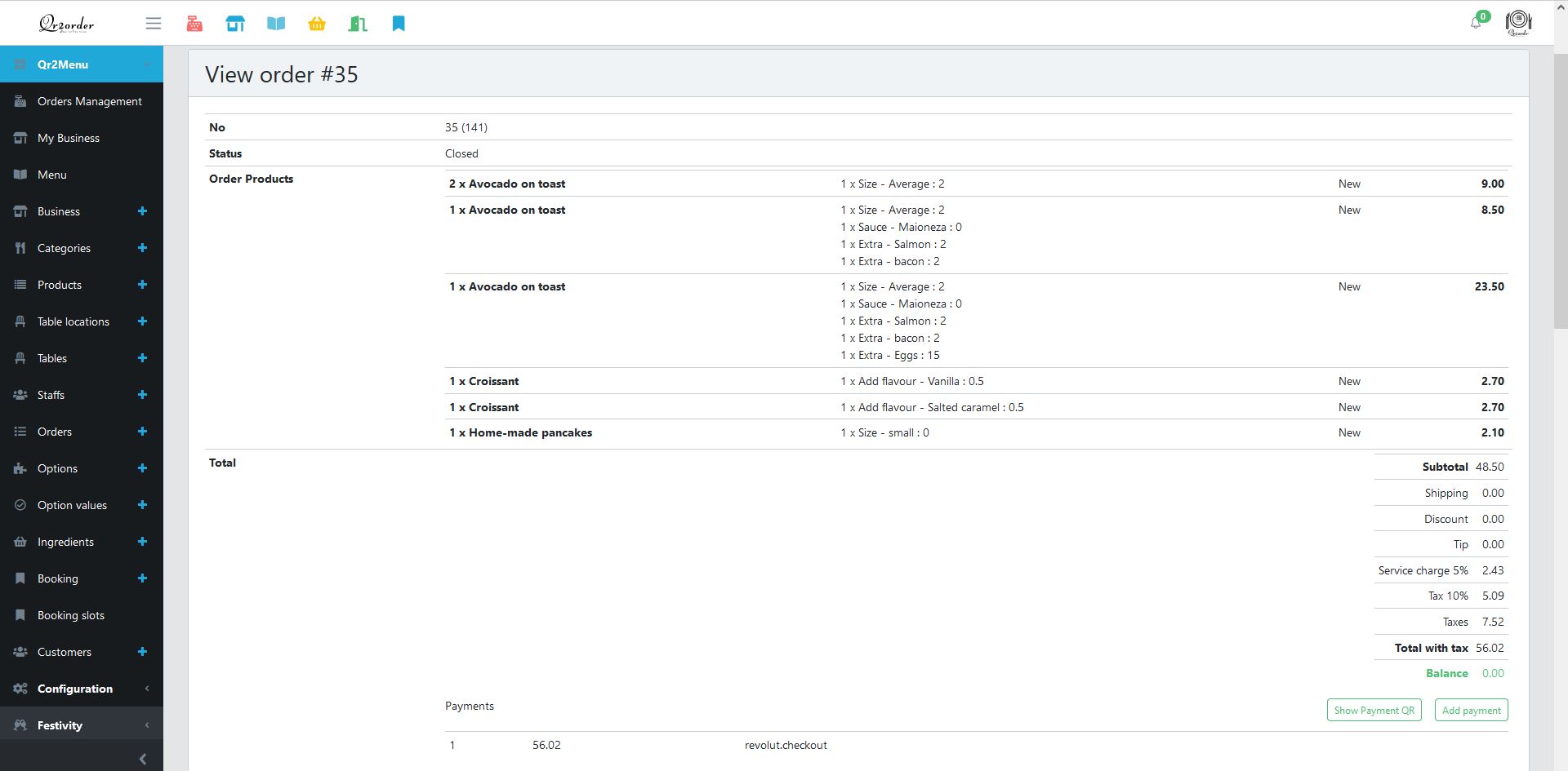 Order with payment view from backend