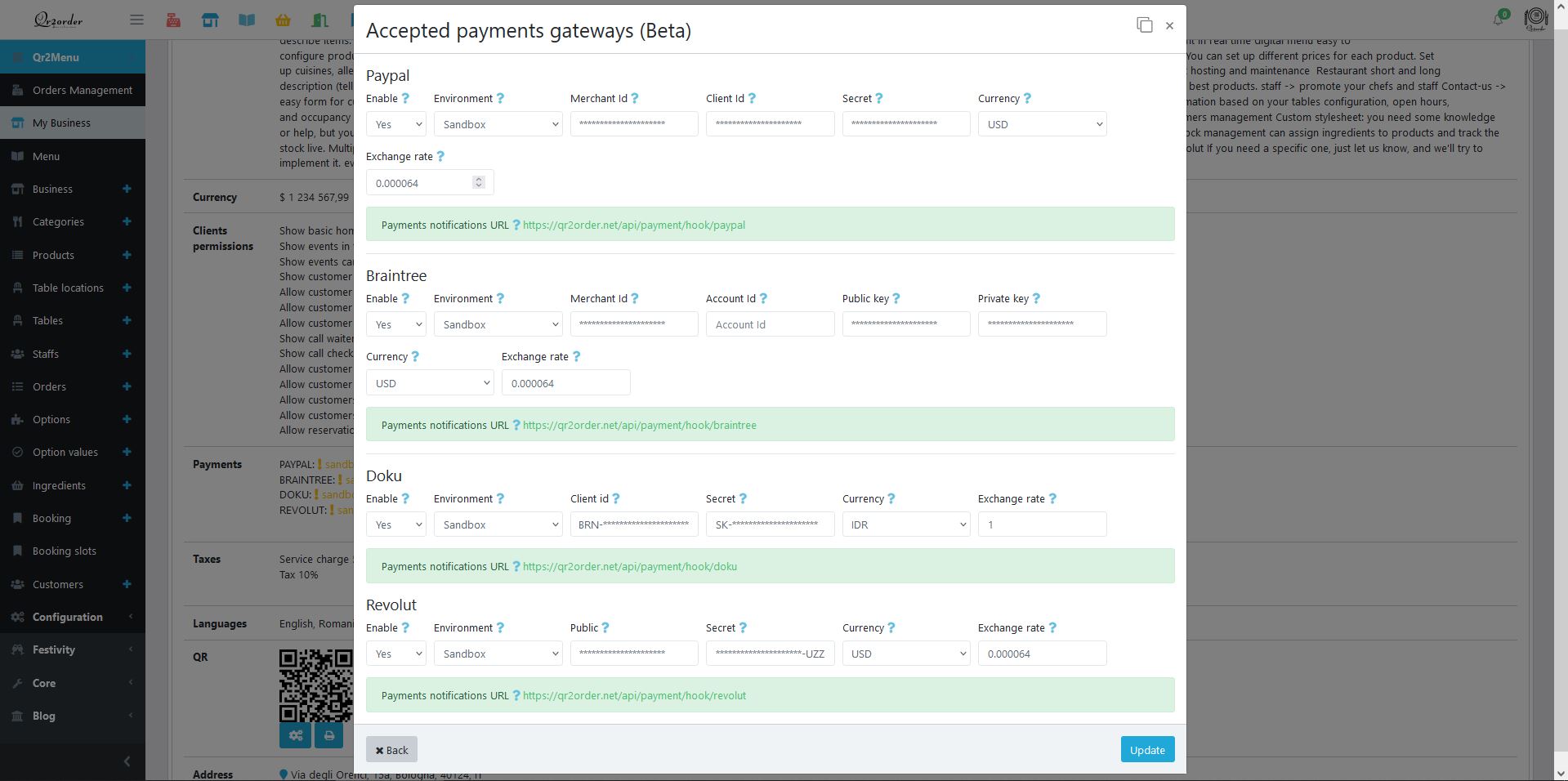 Qr2menu : payments gateways form