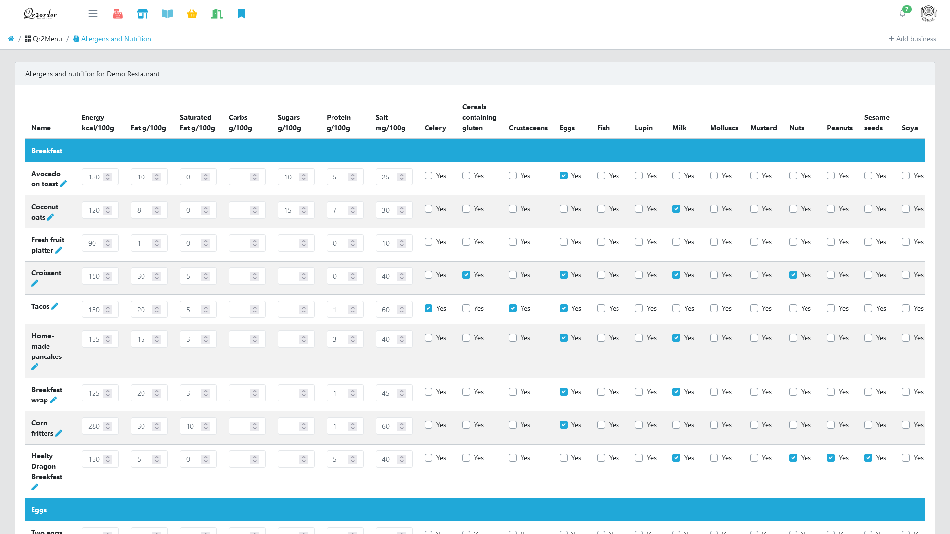 Backend interface to update all nutrition and allergens for you restaurant menu